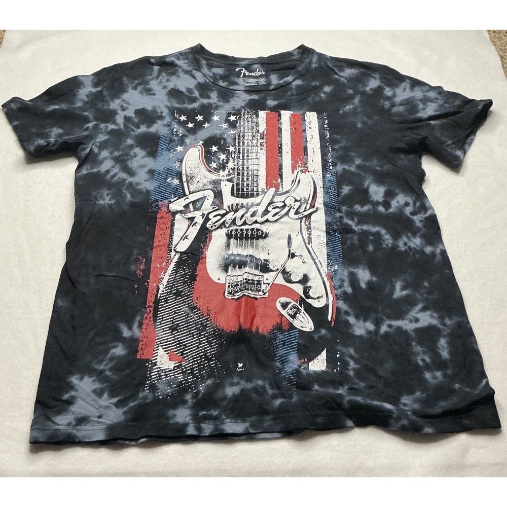 Fender Mens Tie Dye Graphic T-Shirt Black Gray Blue American Flag Guitar Large